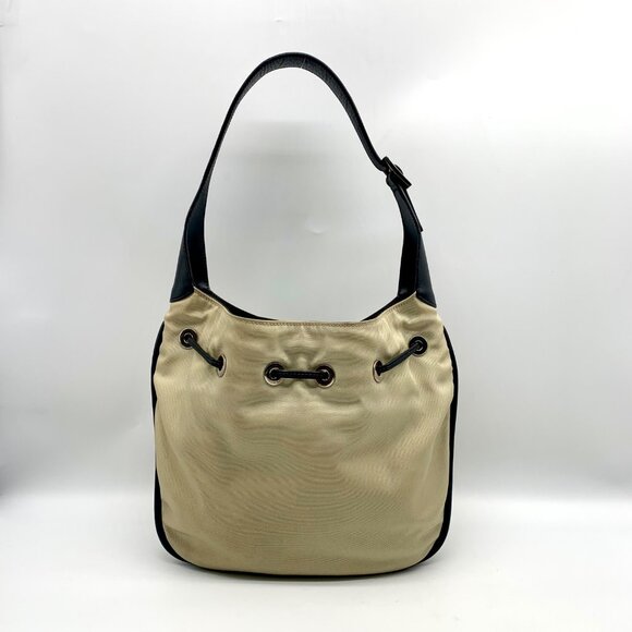 Gucci Beige Nylon and Black Leather Trim Drawstring Shoulder Bag - Picture 2 of 12